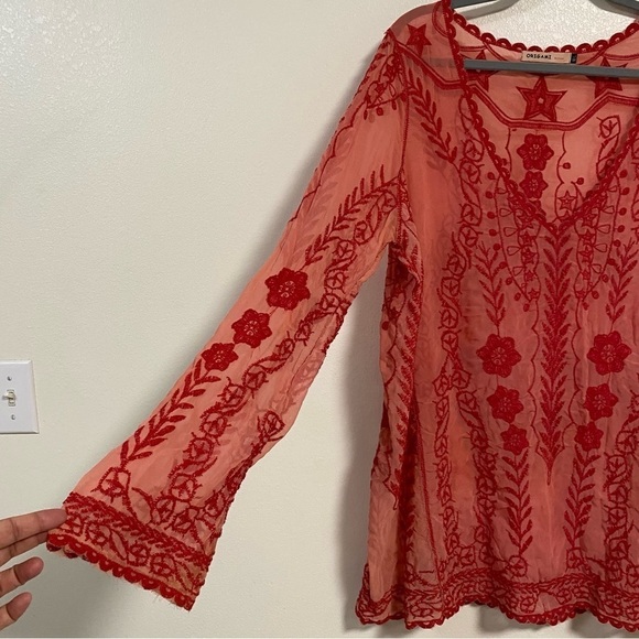 Origami by Vivian Sheer Embroidered Tunic Top Red Size Med/Large - Picture 3 of 12